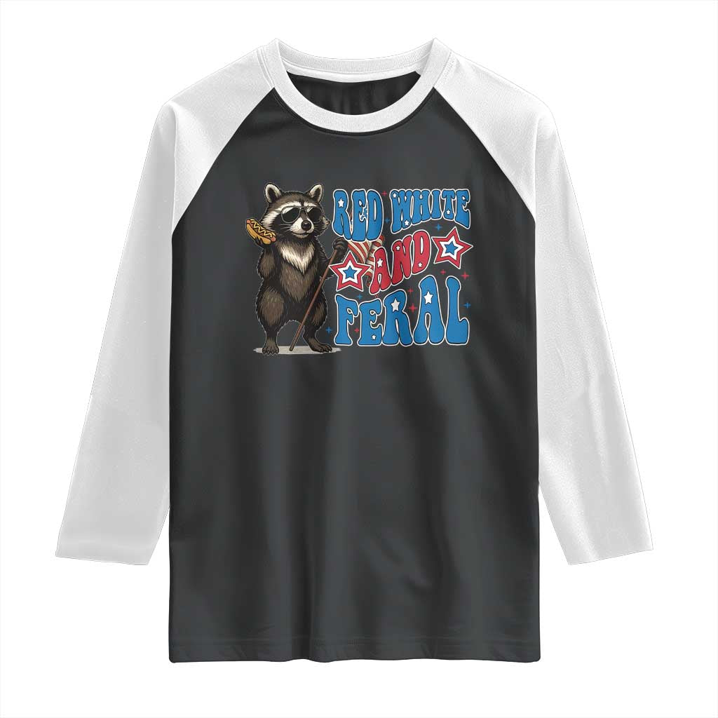Funny Red White And Feral Raglan Shirt Raccoon 4th of July Patriotic TS11 Black White Print Your Wear