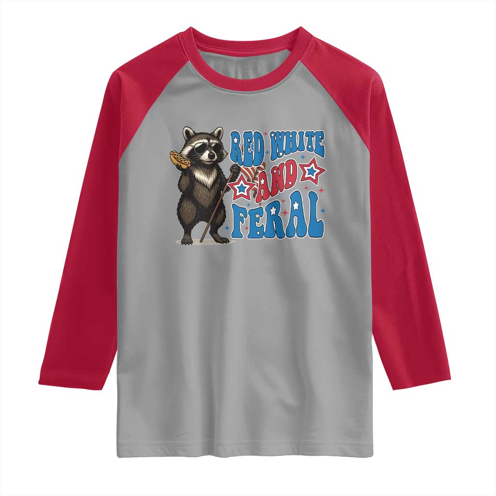Funny Red White And Feral Raglan Shirt Raccoon 4th of July Patriotic TS11 Sport Gray Red Print Your Wear
