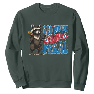 Funny Red White And Feral Sweatshirt Raccoon 4th of July Patriotic TS11 Dark Forest Green Print Your Wear
