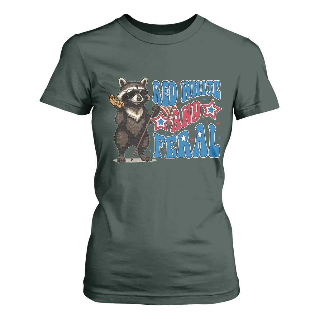 Funny Red White And Feral T Shirt For Women Raccoon 4th of July Patriotic TS11 Dark Forest Green Print Your Wear