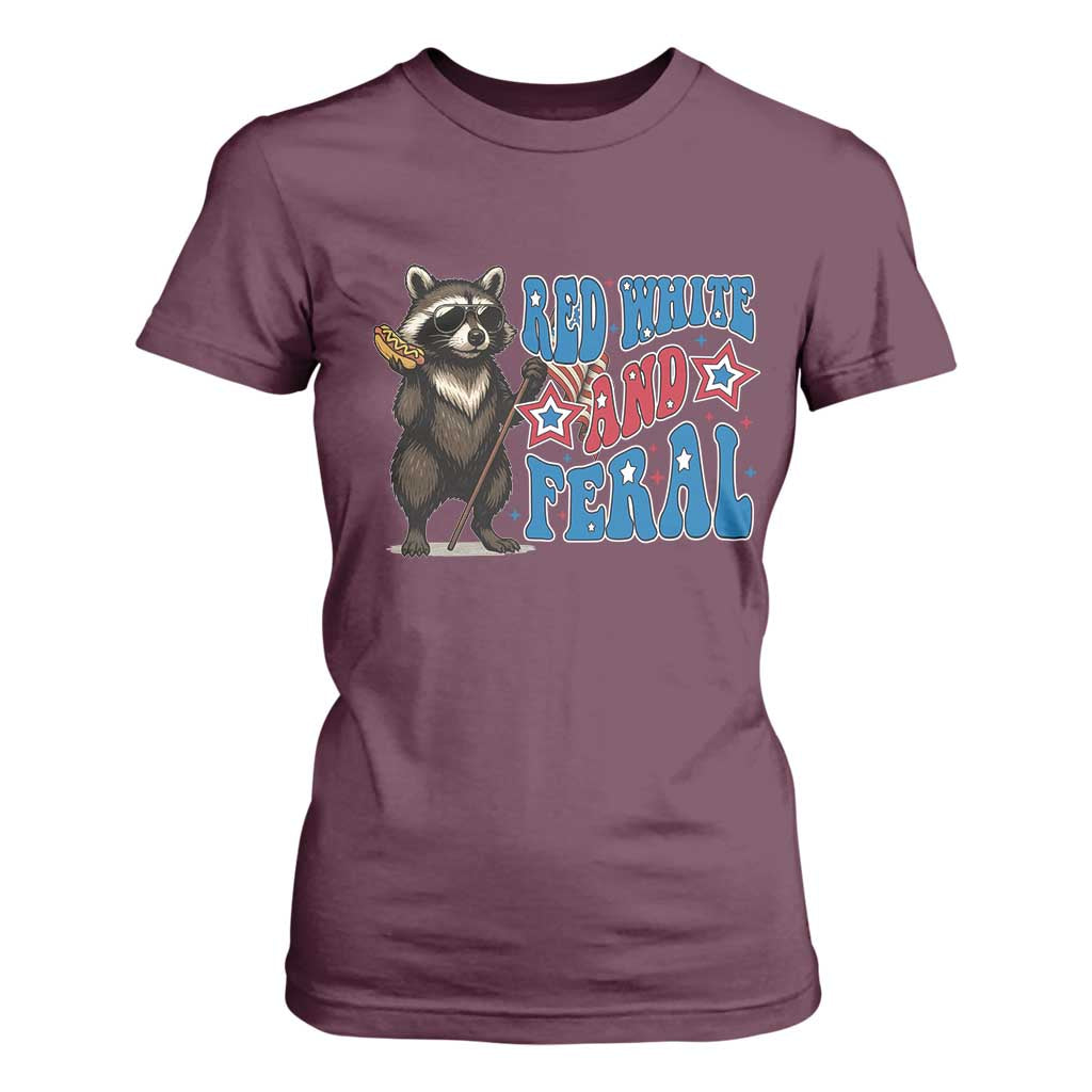 Funny Red White And Feral T Shirt For Women Raccoon 4th of July Patriotic TS11 Maroon Print Your Wear