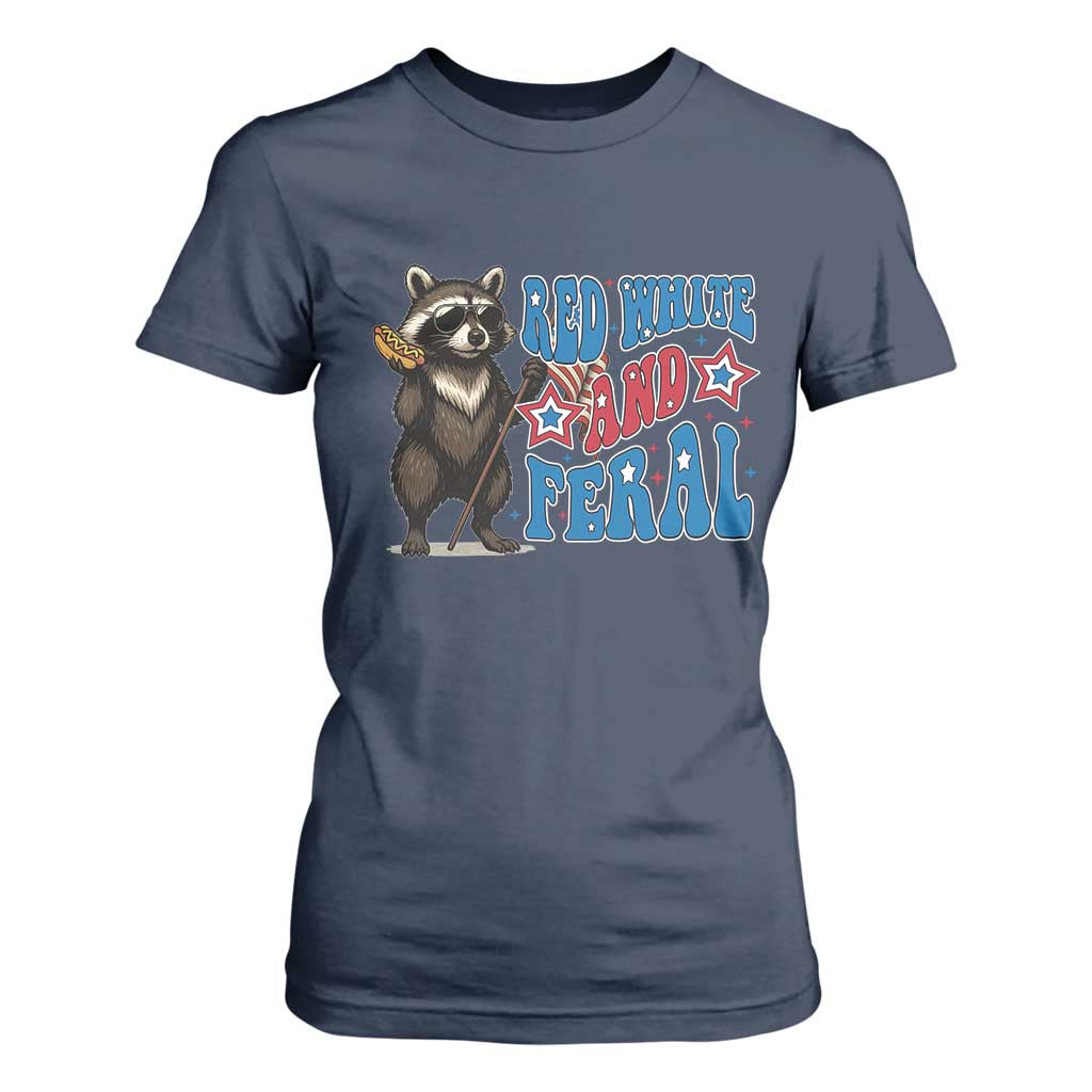 Funny Red White And Feral T Shirt For Women Raccoon 4th of July Patriotic TS11 Navy Print Your Wear