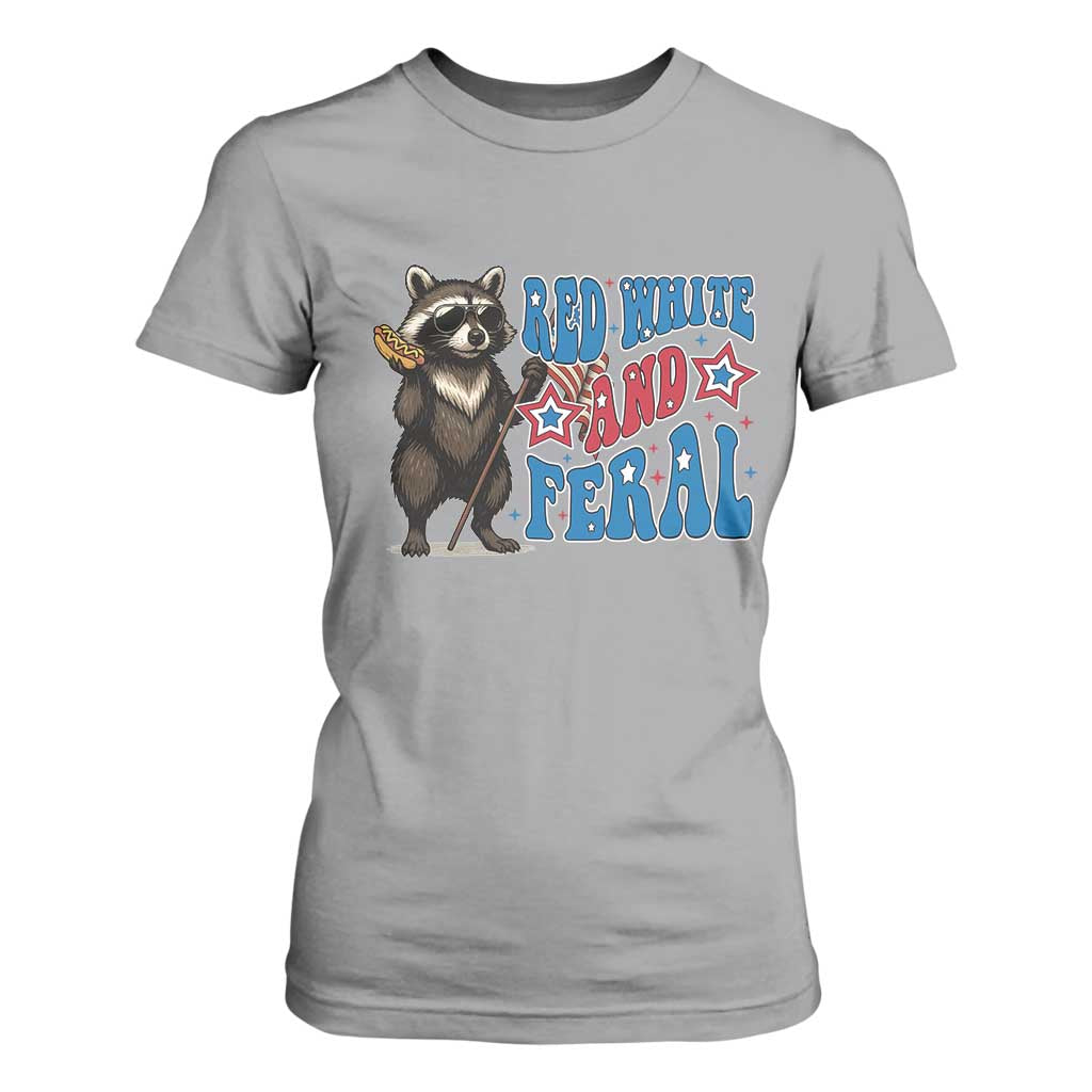 Funny Red White And Feral T Shirt For Women Raccoon 4th of July Patriotic TS11 Sport Gray Print Your Wear