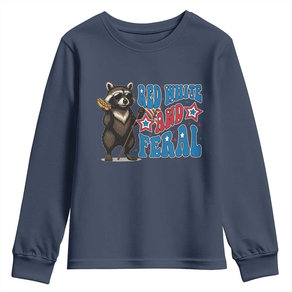 Funny Red White And Feral Youth Sweatshirt Raccoon 4th of July Patriotic TS11 Navy Print Your Wear