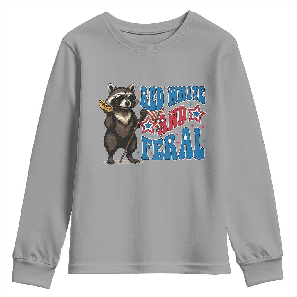 Funny Red White And Feral Youth Sweatshirt Raccoon 4th of July Patriotic TS11 Sport Gray Print Your Wear