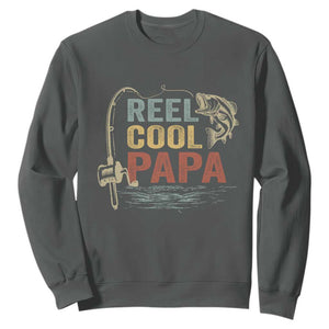 Funny Reel Cool Papa Sweatshirt Fishing Dad Fisherman Father's Day TS11 Dark Heather Print Your Wear