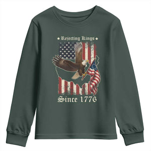 Funny Rejecting Kings Since 1776 Youth Sweatshirt Vintage American Flag Bald Eagle TS11 Dark Forest Green Print Your Wear