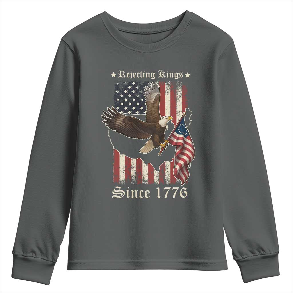 Funny Rejecting Kings Since 1776 Youth Sweatshirt Vintage American Flag Bald Eagle TS11 Dark Heather Print Your Wear