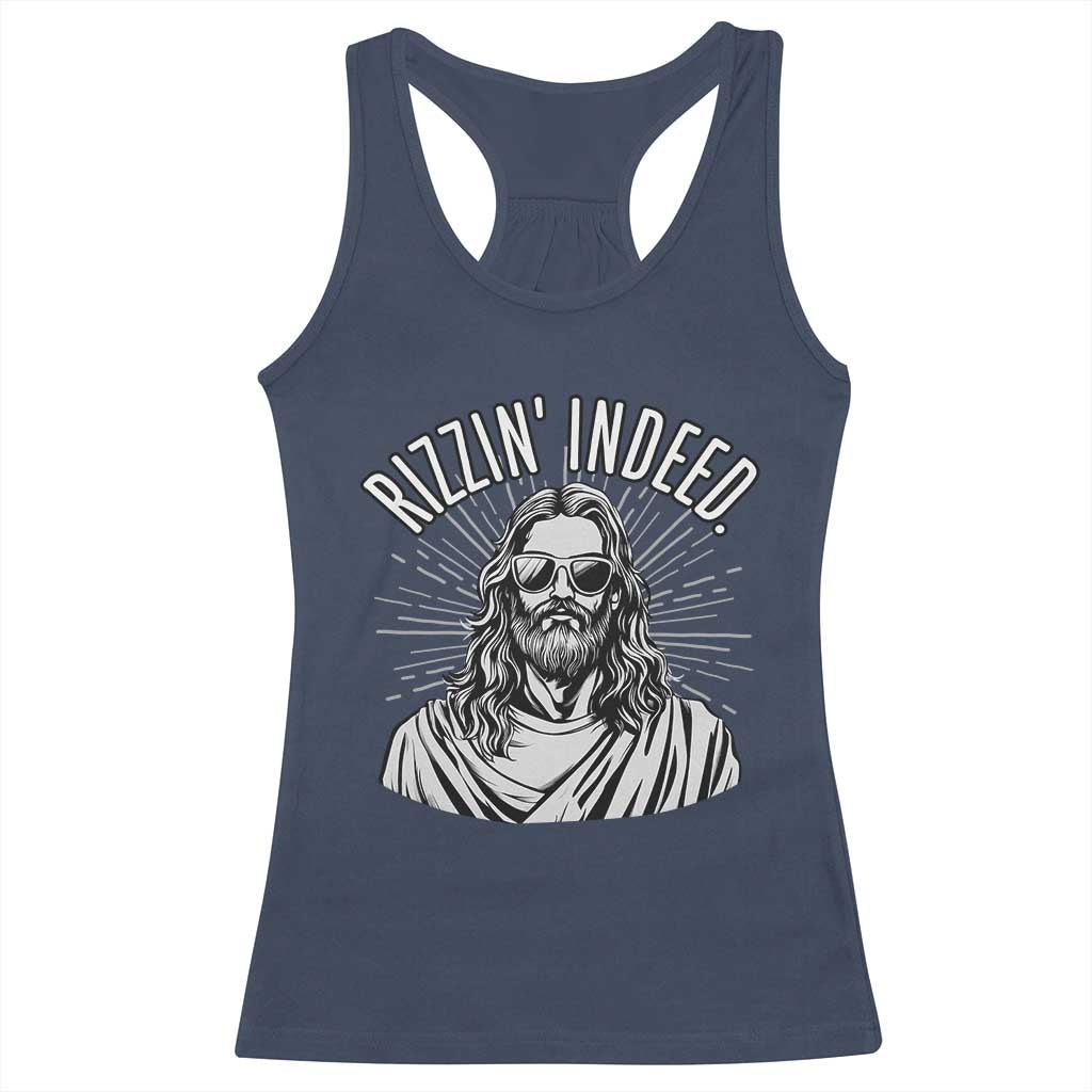 Funny Religious Christian Jesus Meme Racerback Tank Top Rizzin Indeed TS11 Navy Print Your Wear