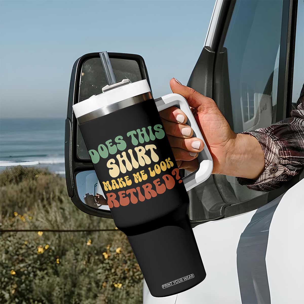Funny Retirement Does This Make Me Look Retired Tumbler With Handle Groovy Retirement TS10 Print Your Wear