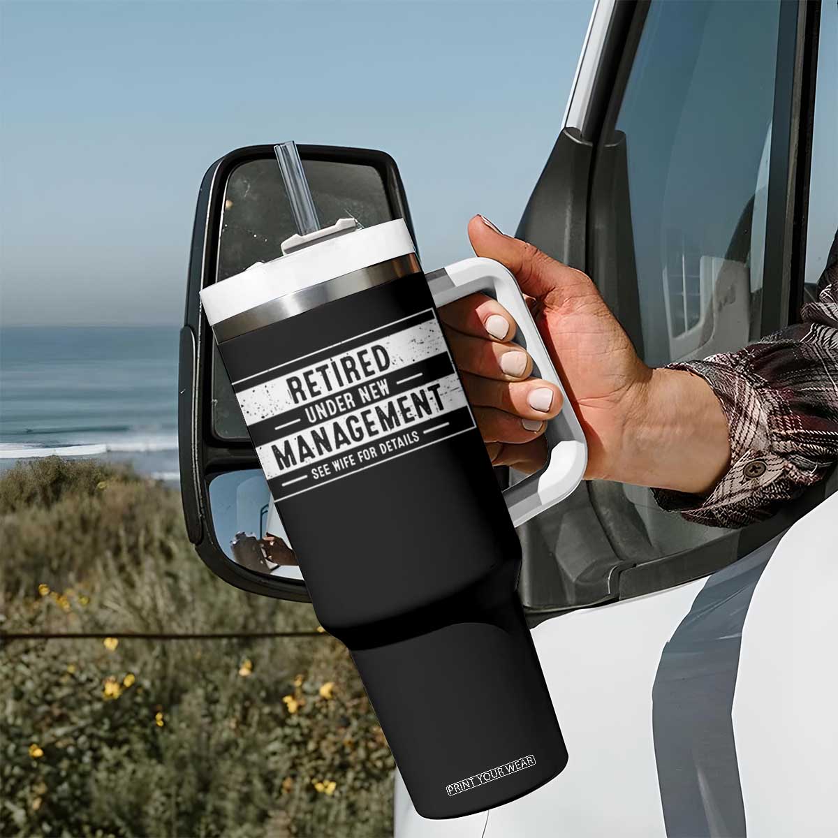 Funny Retirement Presents Tumbler With Handle Retired Under New Management See Wife for Details TS10 Print Your Wear