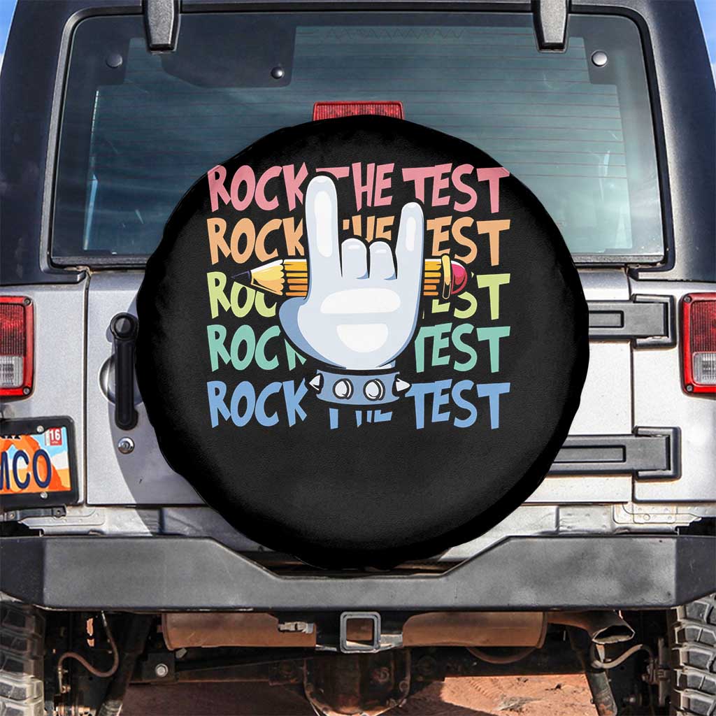Funny Rock The Test Teacher Testing Day Spare Tire Cover Rock And Roll Hand Sign TS11 No hole Black Print Your Wear