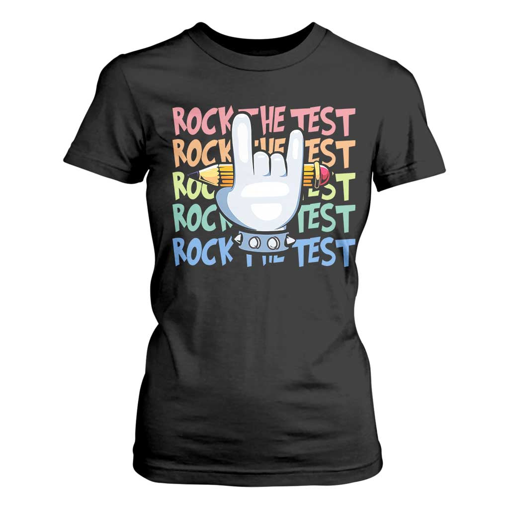 Funny Rock The Test Teacher Testing Day T Shirt For Women Rock And Roll Hand Sign TS11 Black Print Your Wear
