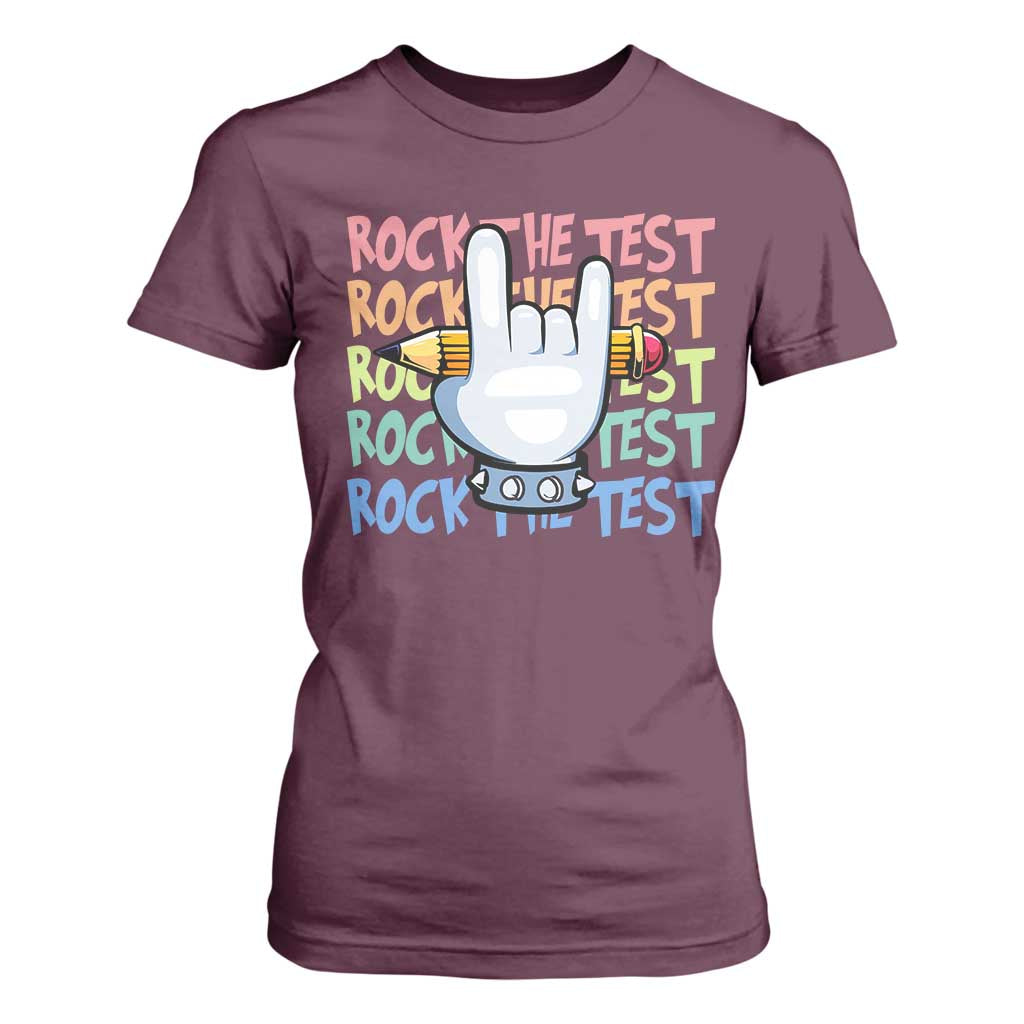 Funny Rock The Test Teacher Testing Day T Shirt For Women Rock And Roll Hand Sign TS11 Maroon Print Your Wear