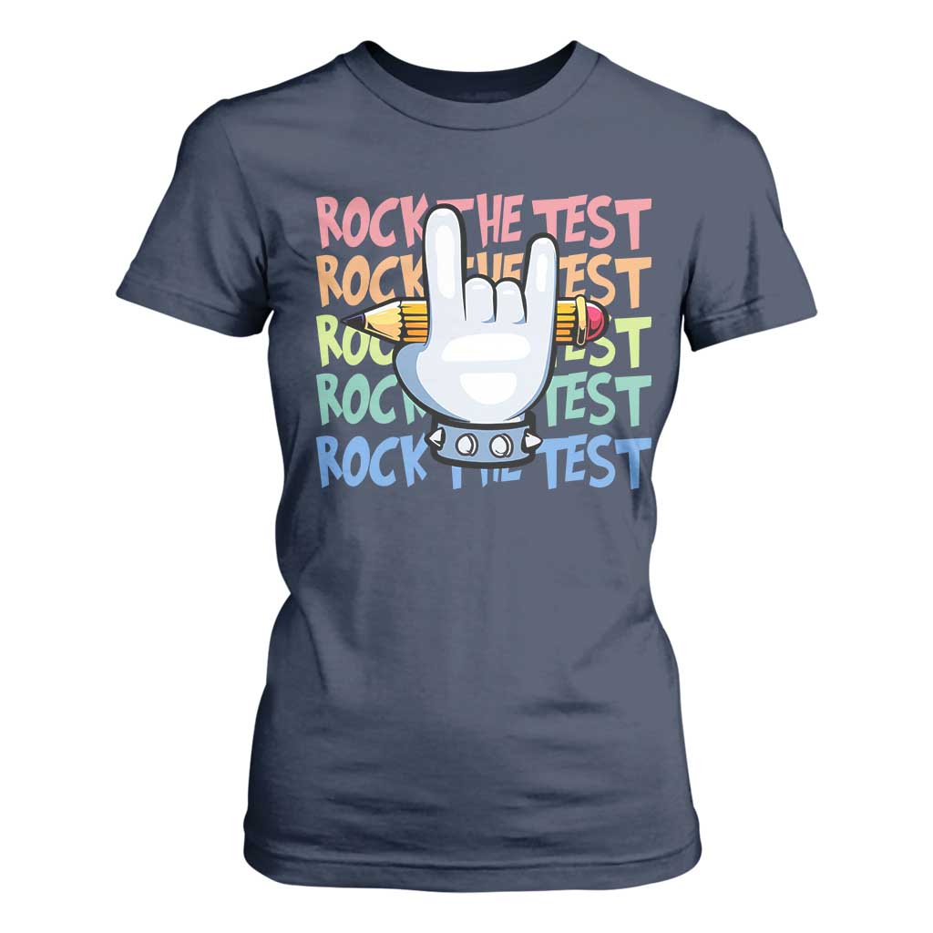 Funny Rock The Test Teacher Testing Day T Shirt For Women Rock And Roll Hand Sign TS11 Navy Print Your Wear
