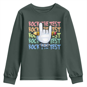 Funny Rock The Test Teacher Testing Day Youth Sweatshirt Rock And Roll Hand Sign TS11 Dark Forest Green Print Your Wear