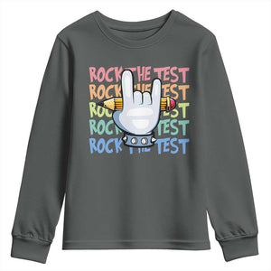 Funny Rock The Test Teacher Testing Day Youth Sweatshirt Rock And Roll Hand Sign TS11 Dark Heather Print Your Wear