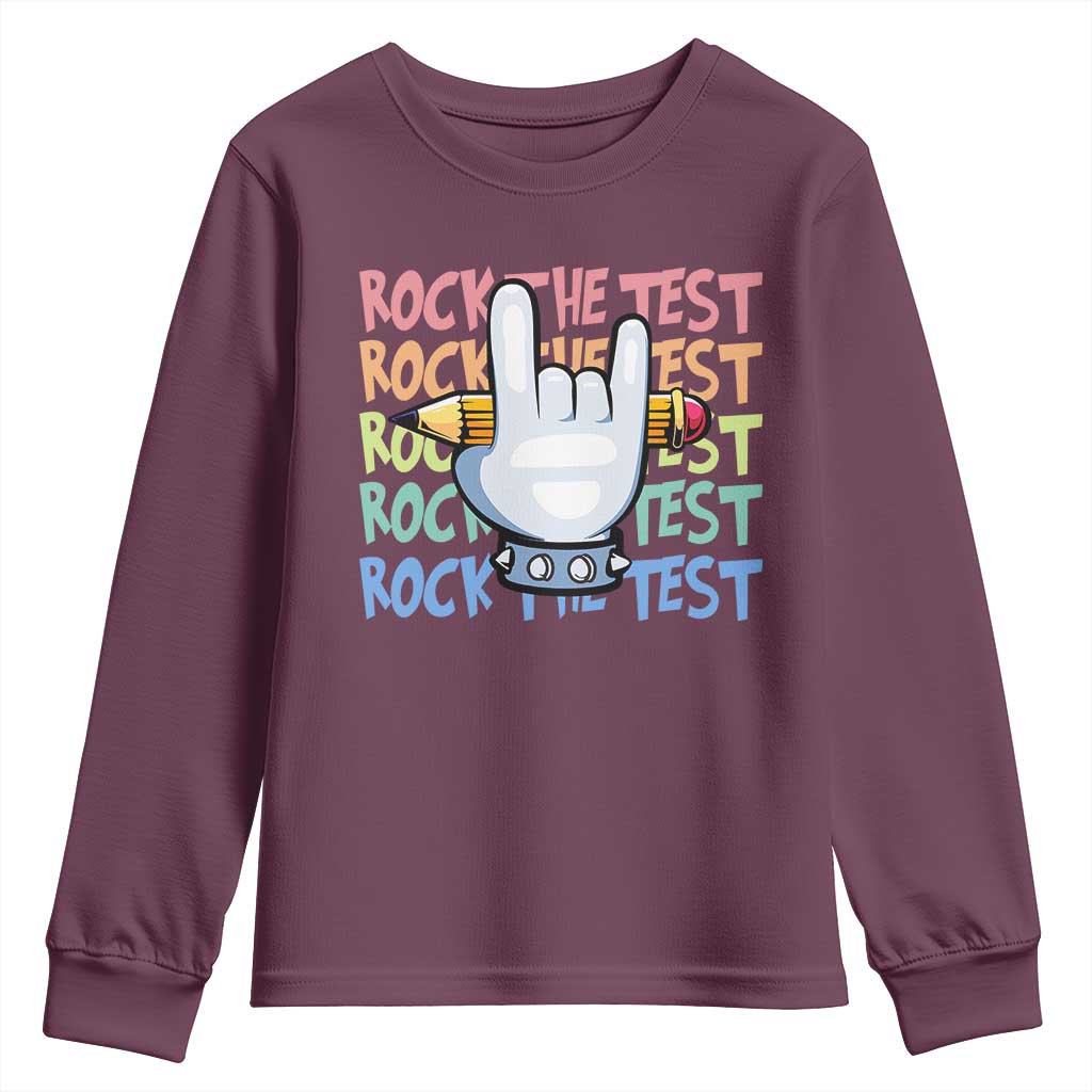 Funny Rock The Test Teacher Testing Day Youth Sweatshirt Rock And Roll Hand Sign TS11 Maroon Print Your Wear