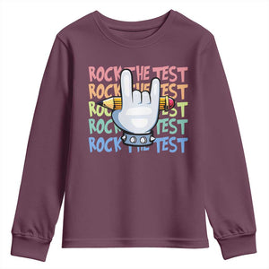 Funny Rock The Test Teacher Testing Day Youth Sweatshirt Rock And Roll Hand Sign TS11 Maroon Print Your Wear