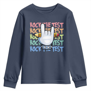 Funny Rock The Test Teacher Testing Day Youth Sweatshirt Rock And Roll Hand Sign TS11 Navy Print Your Wear