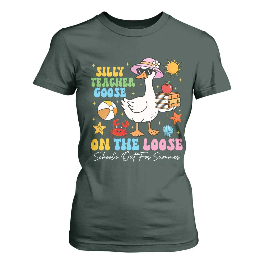 Funny School's Out For Summer Teacher T Shirt For Women Silly Teacher Goose On The Loose Summer Break TS11 Dark Forest Green Print Your Wear