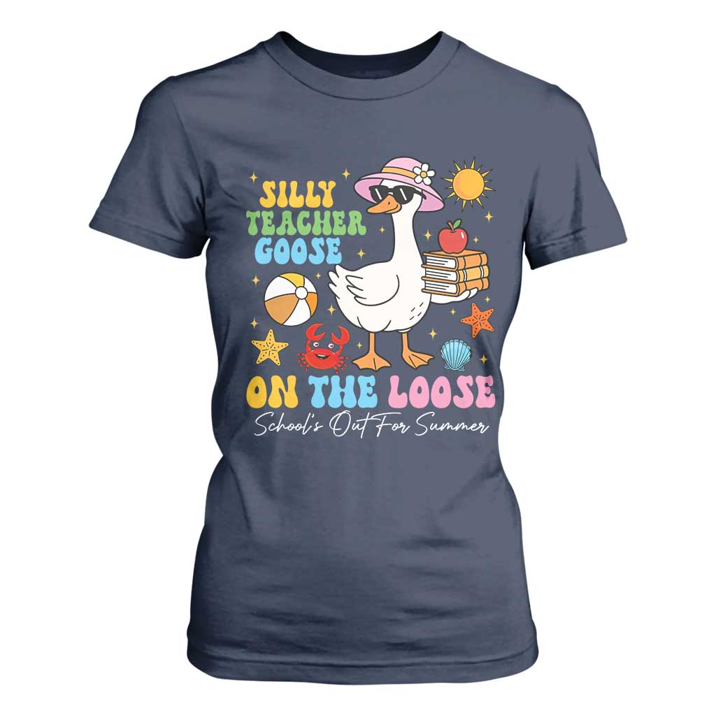 Funny School's Out For Summer Teacher T Shirt For Women Silly Teacher Goose On The Loose Summer Break TS11 Navy Print Your Wear