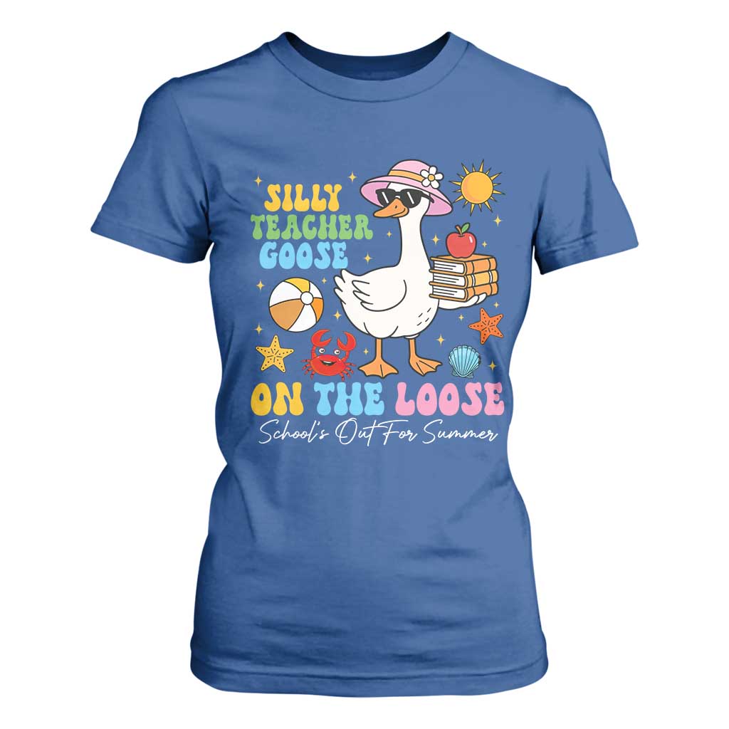 Funny School's Out For Summer Teacher T Shirt For Women Silly Teacher Goose On The Loose Summer Break TS11 Royal Blue Print Your Wear