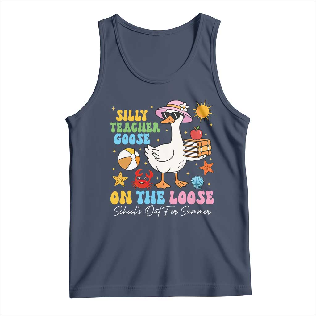 Funny School's Out For Summer Teacher Tank Top Silly Teacher Goose On The Loose Summer Break TS11 Navy Print Your Wear
