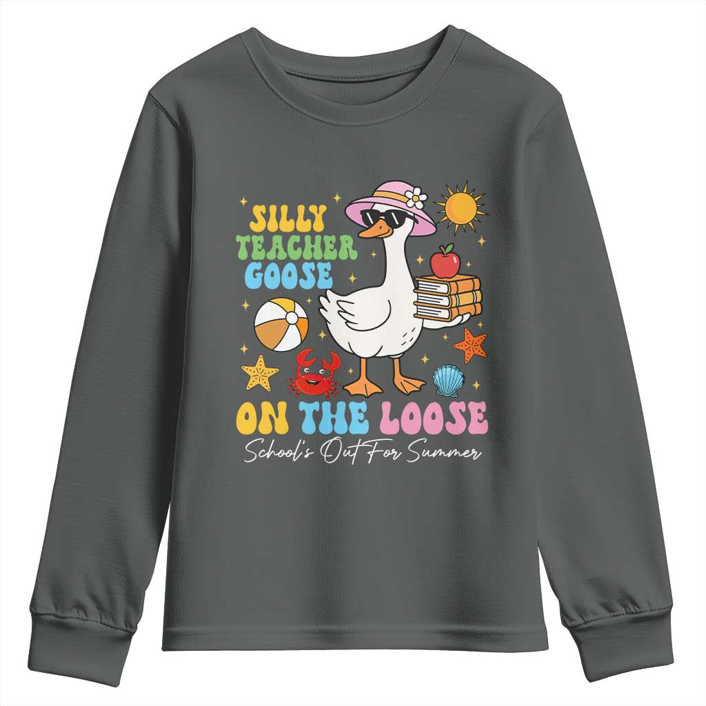 Funny School's Out For Summer Teacher Youth Sweatshirt Silly Teacher Goose On The Loose Summer Break TS11 Dark Heather Print Your Wear