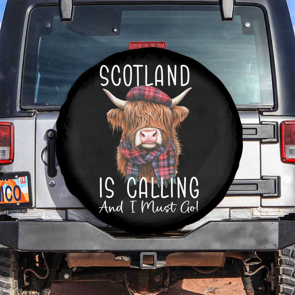 Funny Scotland Is Calling And I Must Go Spare Tire Cover Highland Cow TS11 No hole Black Print Your Wear