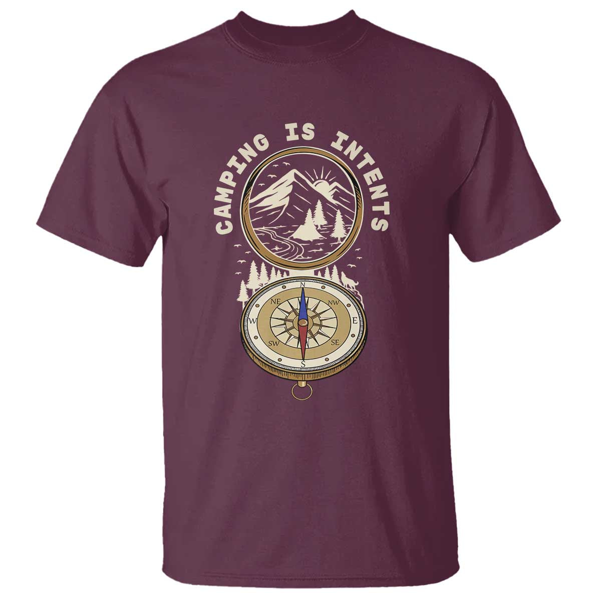 Funny Scout Camping T Shirt Camper Is Intents Compass Hiking Outdoors Adventure TS02 Maroon Print Your Wear