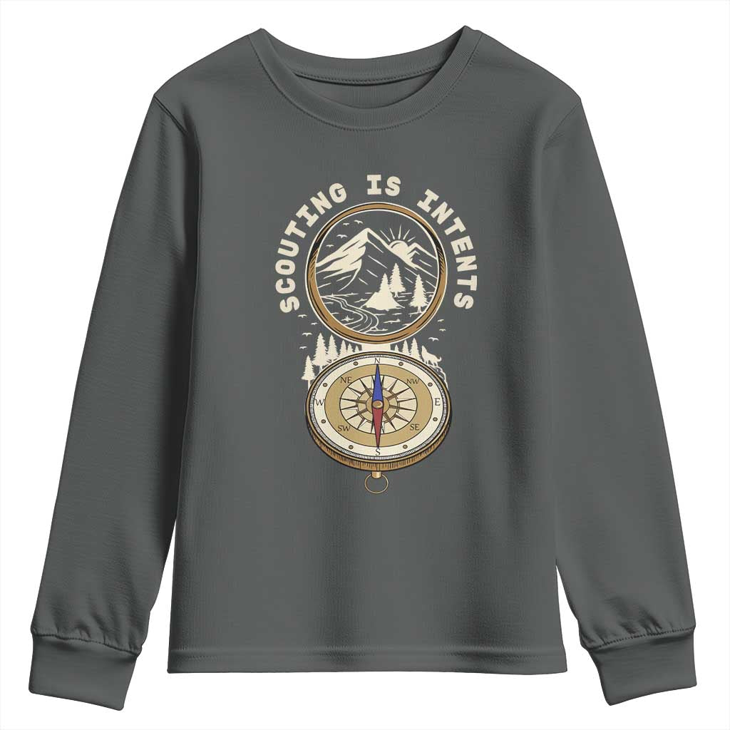 Funny Scout Camping Youth Sweatshirt Scouting Is Intents Compass Camper Hiking Outdoors Adventure TS02 Dark Heather Print Your Wear