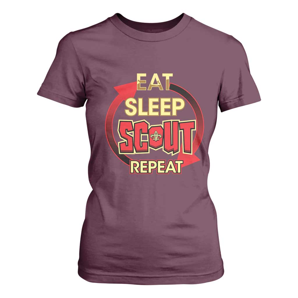 Funny Scout T Shirt For Women Eat Sleep Scout Repeat Scouting Lovers Camping Hiking Outdoors TS02 Maroon Print Your Wear