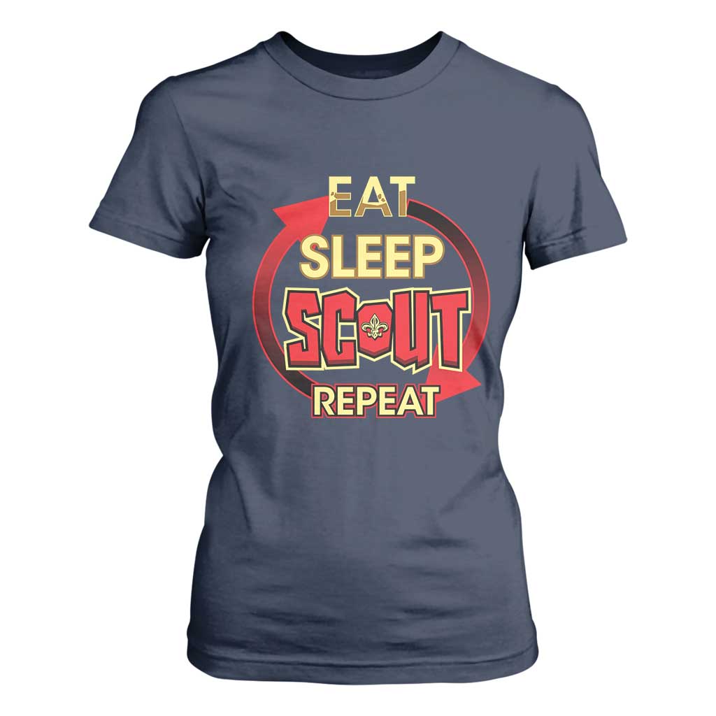 Funny Scout T Shirt For Women Eat Sleep Scout Repeat Scouting Lovers Camping Hiking Outdoors TS02 Navy Print Your Wear