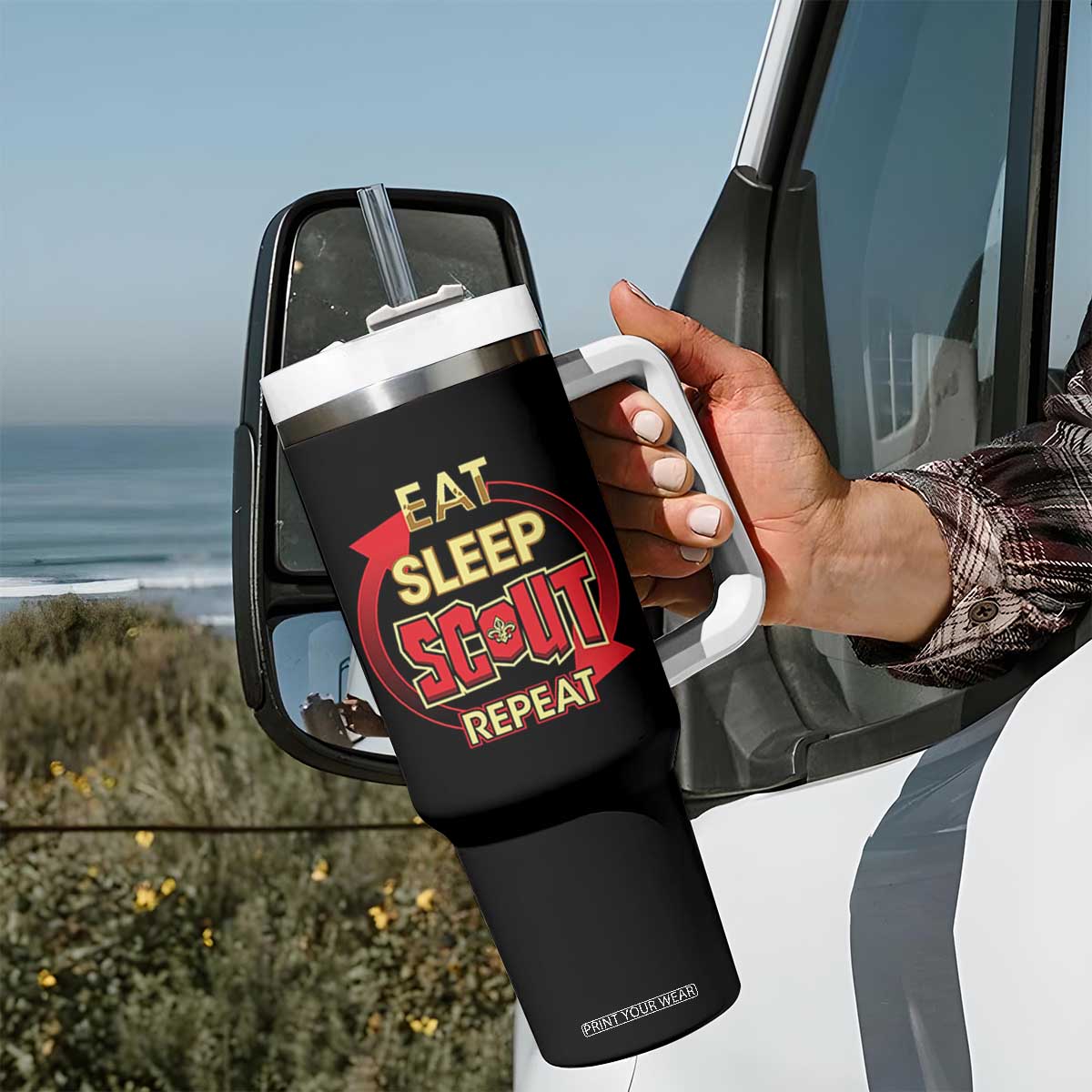 Funny Scout Tumbler With Handle Eat Sleep Scout Repeat Scouting Lovers Camping Hiking Outdoors TS02 Print Your Wear