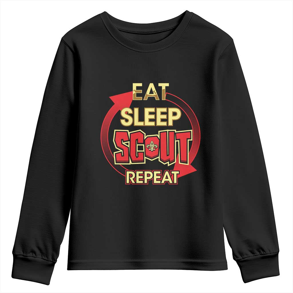 Funny Scout Youth Sweatshirt Eat Sleep Scout Repeat Scouting Lovers Camping Hiking Outdoors TS02 Black Print Your Wear