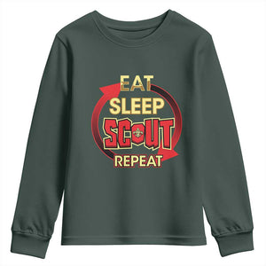 Funny Scout Youth Sweatshirt Eat Sleep Scout Repeat Scouting Lovers Camping Hiking Outdoors TS02 Dark Forest Green Print Your Wear