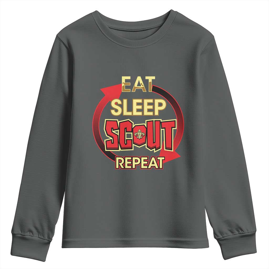 Funny Scout Youth Sweatshirt Eat Sleep Scout Repeat Scouting Lovers Camping Hiking Outdoors TS02 Dark Heather Print Your Wear