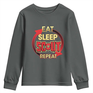 Funny Scout Youth Sweatshirt Eat Sleep Scout Repeat Scouting Lovers Camping Hiking Outdoors TS02 Dark Heather Print Your Wear