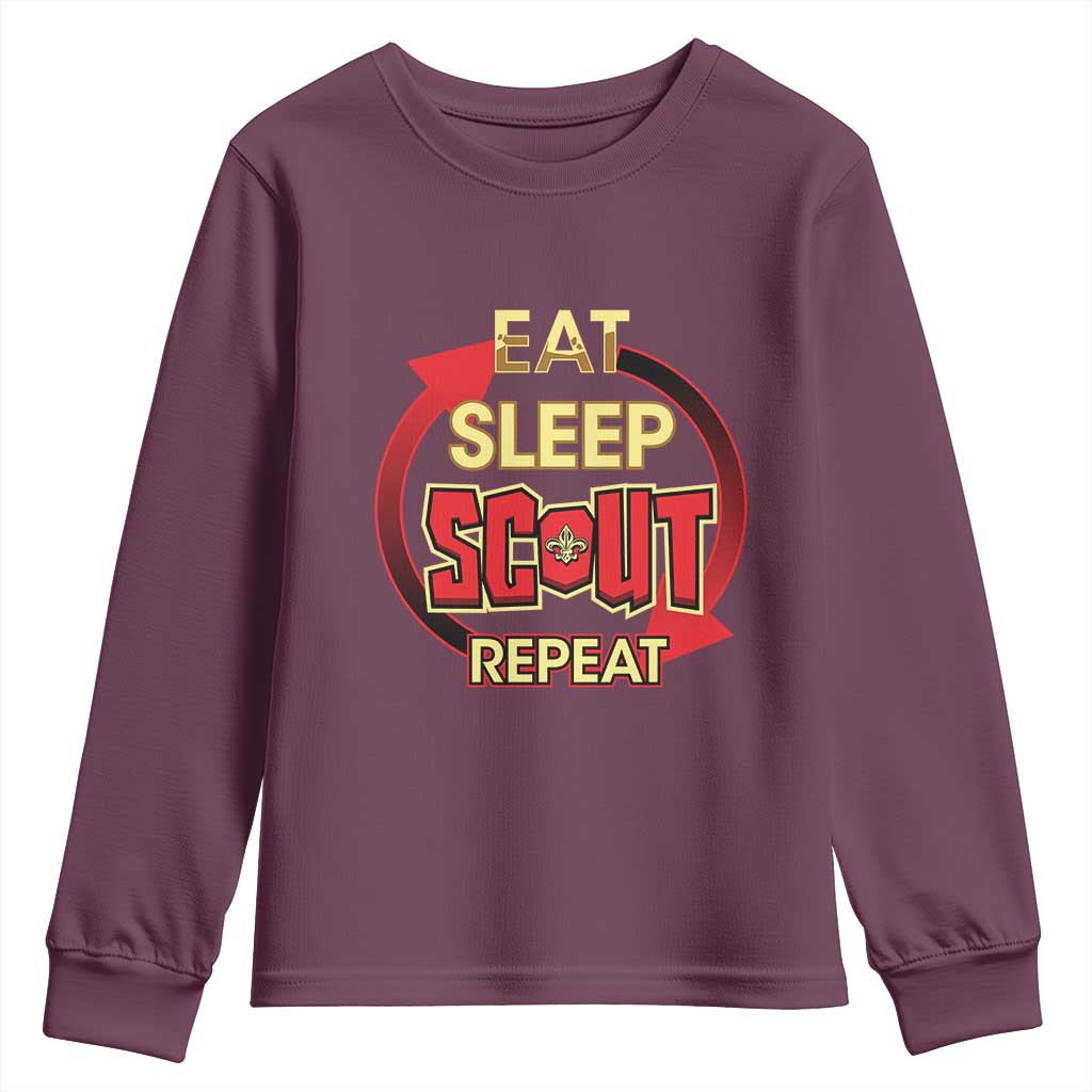 Funny Scout Youth Sweatshirt Eat Sleep Scout Repeat Scouting Lovers Camping Hiking Outdoors TS02 Maroon Print Your Wear
