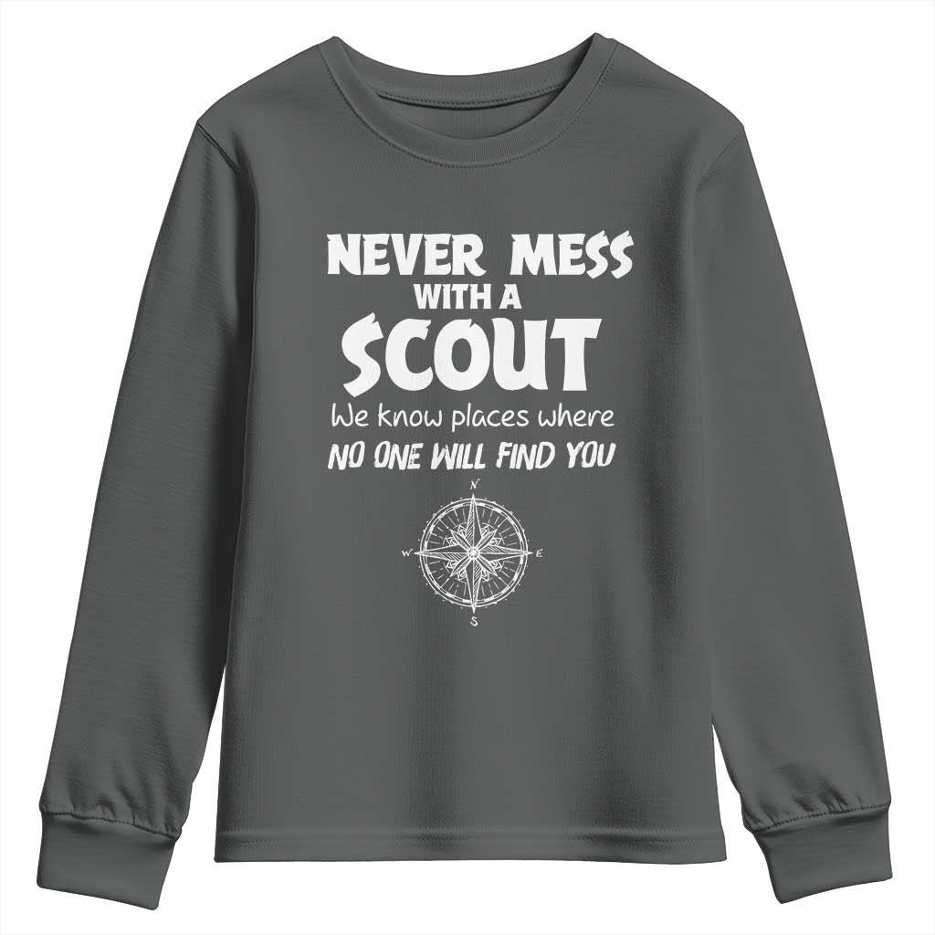 Funny Scout Youth Sweatshirt Never Mess With A Scout Compass TS02 Dark Heather Print Your Wear