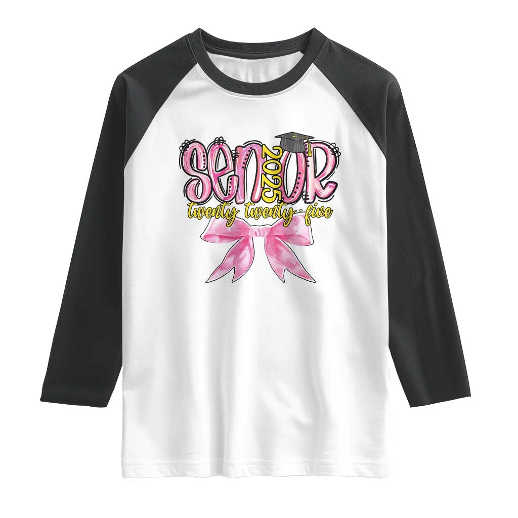Funny Senior EST 2025 Graduation Raglan Shirt Twenty Twenty Five Pink Bow TS11 White Black Print Your Wear