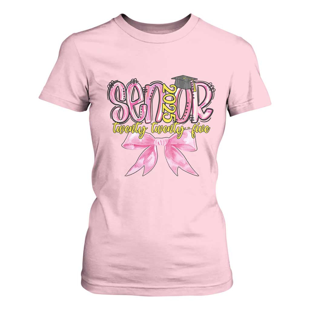 Funny Senior EST 2025 Graduation T Shirt For Women Twenty Twenty Five Pink Bow TS11 Light Pink Print Your Wear