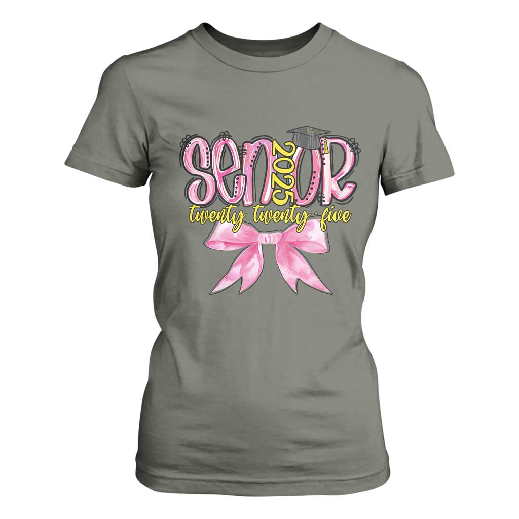 Funny Senior EST 2025 Graduation T Shirt For Women Twenty Twenty Five Pink Bow TS11 Military Green Print Your Wear