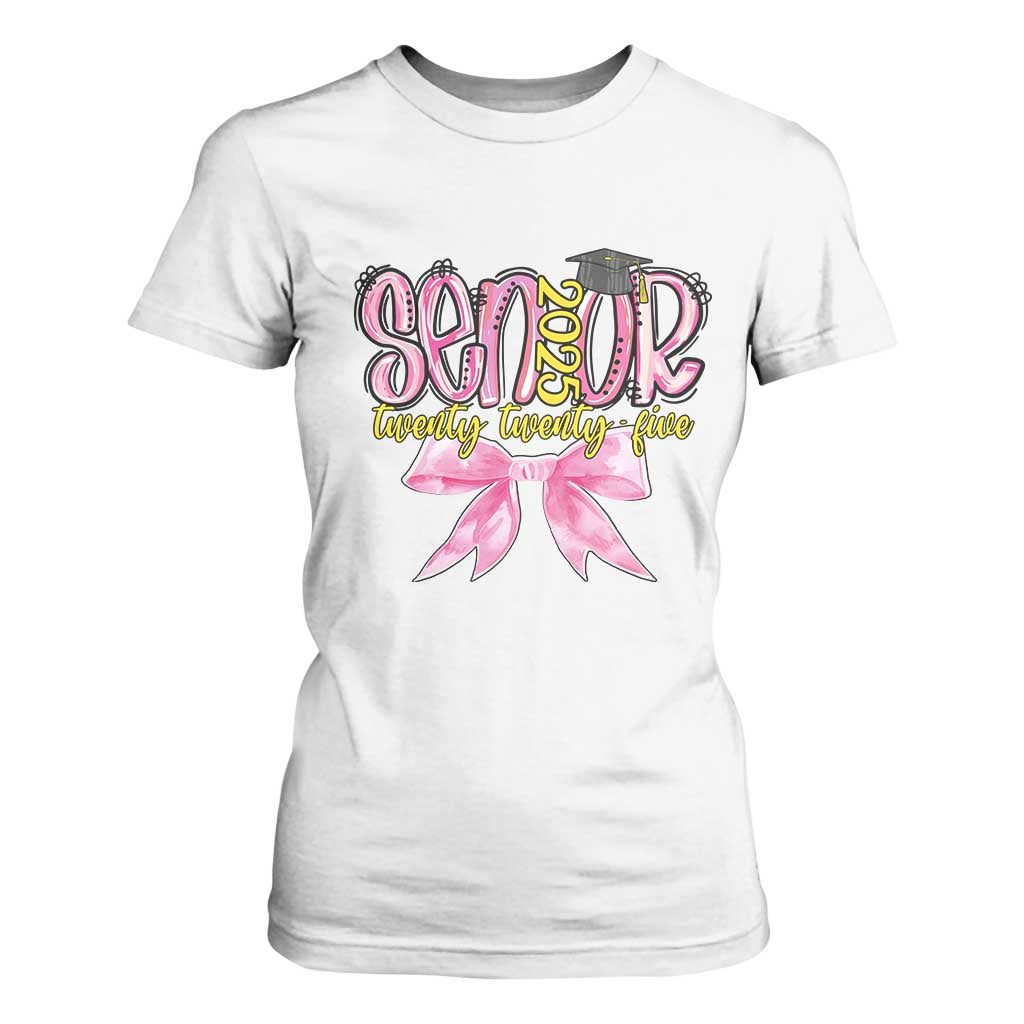 Funny Senior EST 2025 Graduation T Shirt For Women Twenty Twenty Five Pink Bow TS11 White Print Your Wear