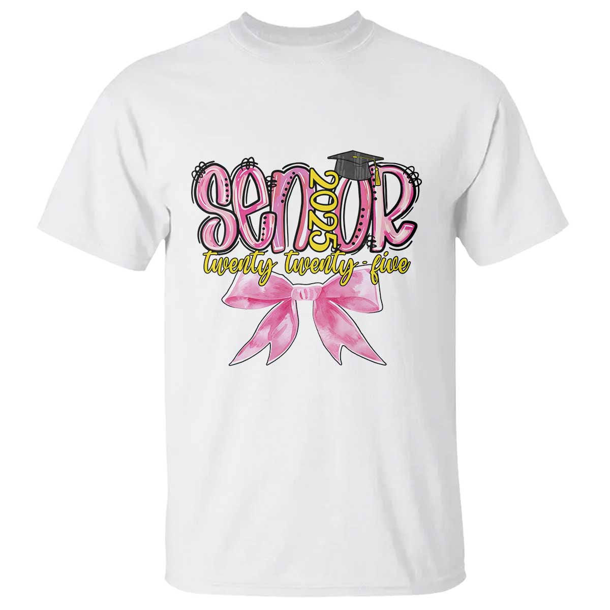 Funny Senior EST 2025 Graduation T Shirt Twenty Twenty Five Pink Bow TS11 White Print Your Wear