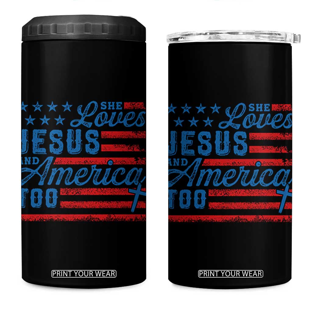 Funny She Loves Jesus And America Too 4 in 1 Can Cooler Tumbler 4th Of July Christian American Flag TS11 One Size: 16 oz Black Print Your Wear