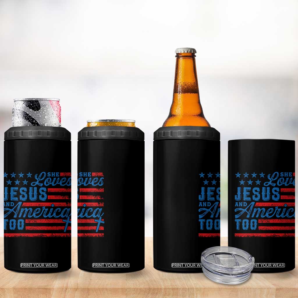 Funny She Loves Jesus And America Too 4 in 1 Can Cooler Tumbler 4th Of July Christian American Flag TS11 Print Your Wear