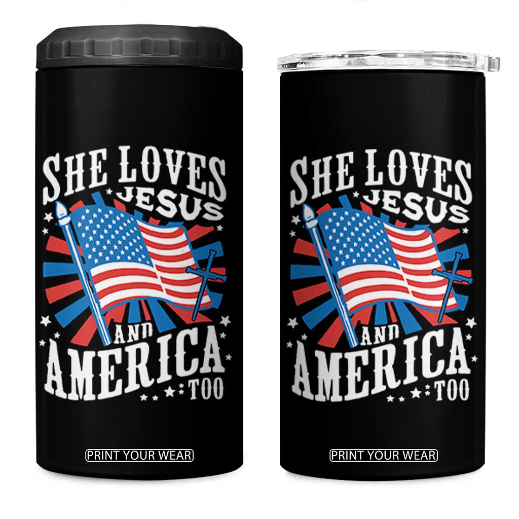 Funny She Loves Jesus And America Too 4 in 1 Can Cooler Tumbler 4th Of July Patriotic Christian American Flag TS11 One Size: 16 oz Black Print Your Wear