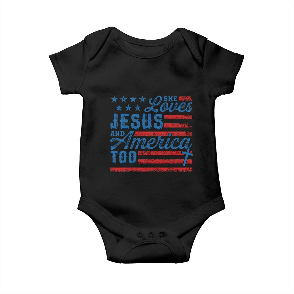 Funny She Loves Jesus And America Too Baby Onesie 4th Of July Christian American Flag TS11 Black Print Your Wear